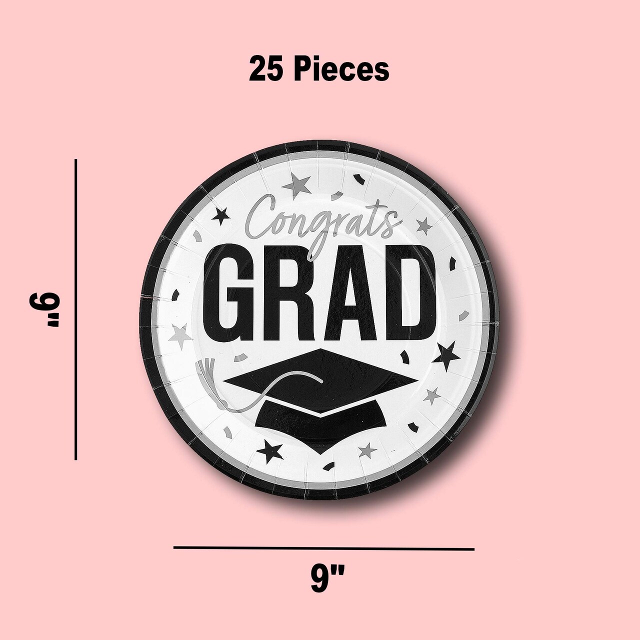 25 Count White Congrats Grad 9" Round Paper Plates for Graduation